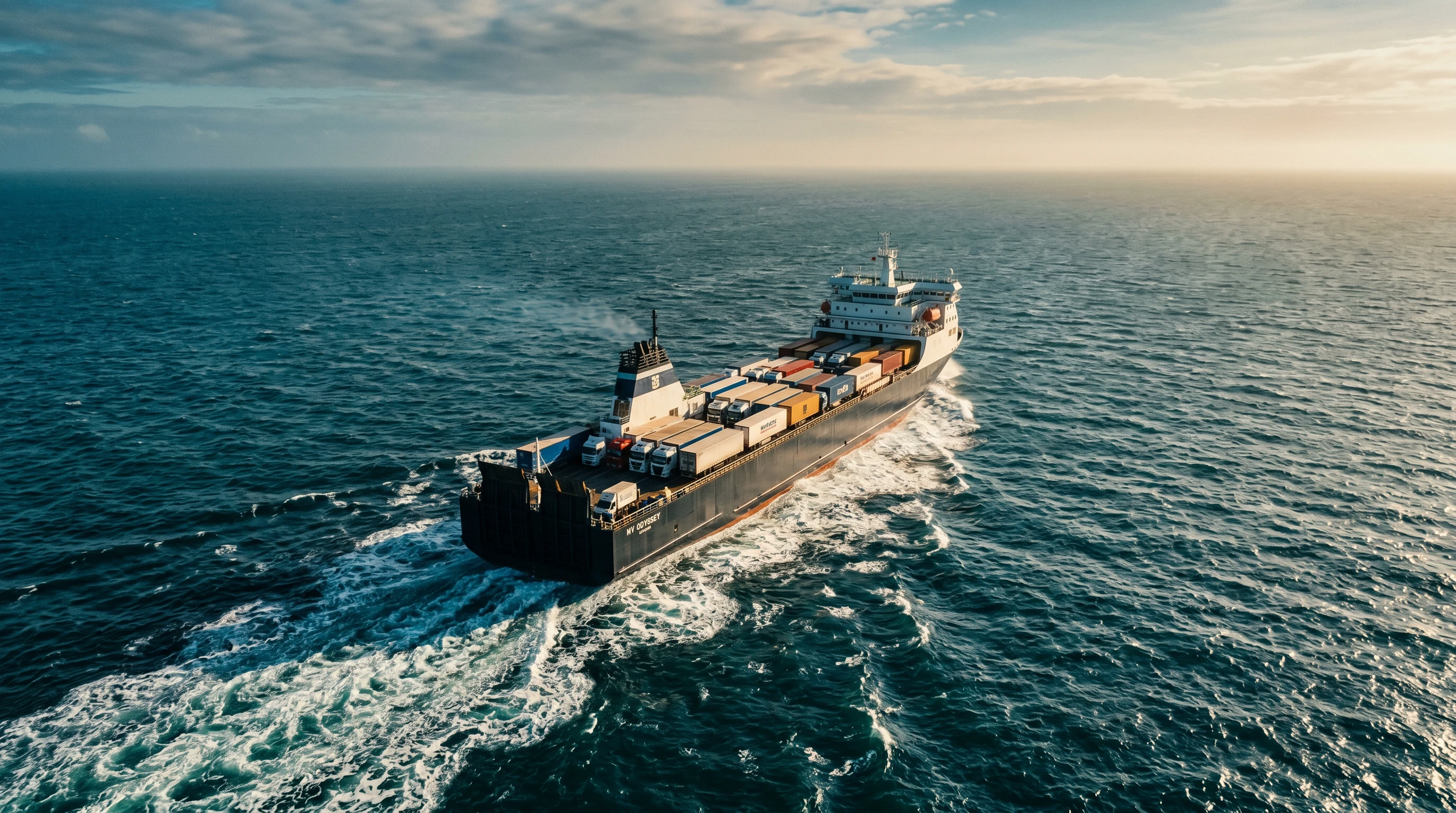 Aerial view of a RoRo freight ferry at sea