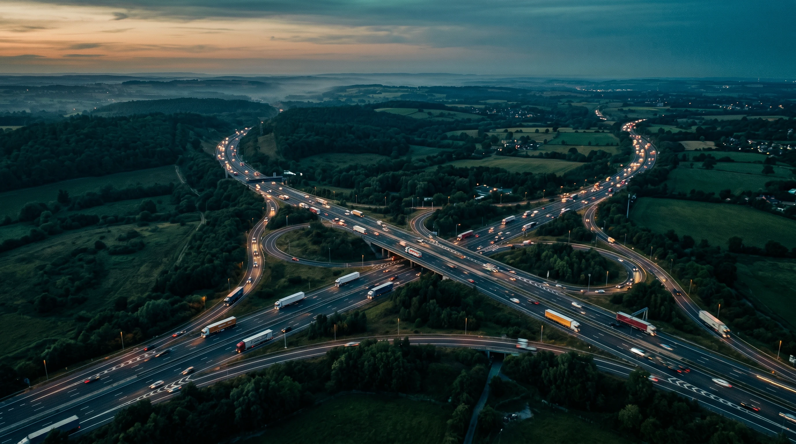 Aerial view of a motorway interchange with freight trucks at dusk